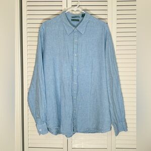 Cubavera Men's Linen Shirt Light Blue White Gingham Button Down Long Sleeve XXL